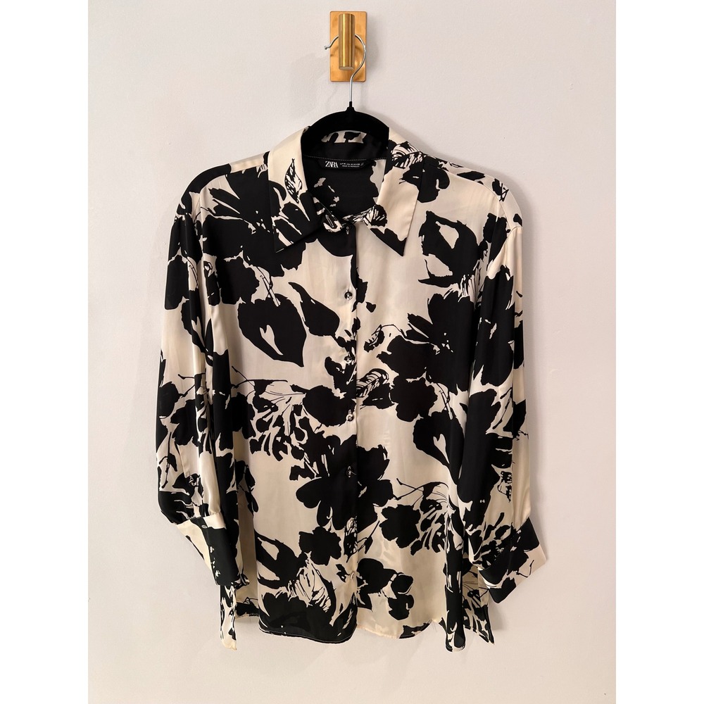 ZARA‎ Women Black Cream Floral Print Button Down Satin Blouse Academia Size M